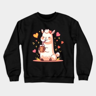 Caffeinated Love Affair: Kawaii Llama Sips Iced Coffee Crewneck Sweatshirt